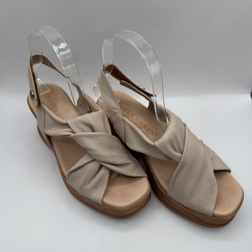 Paula Urban Leather Platform Wedge Sandals Womens 37 Beige Twisted‎ Slingback
